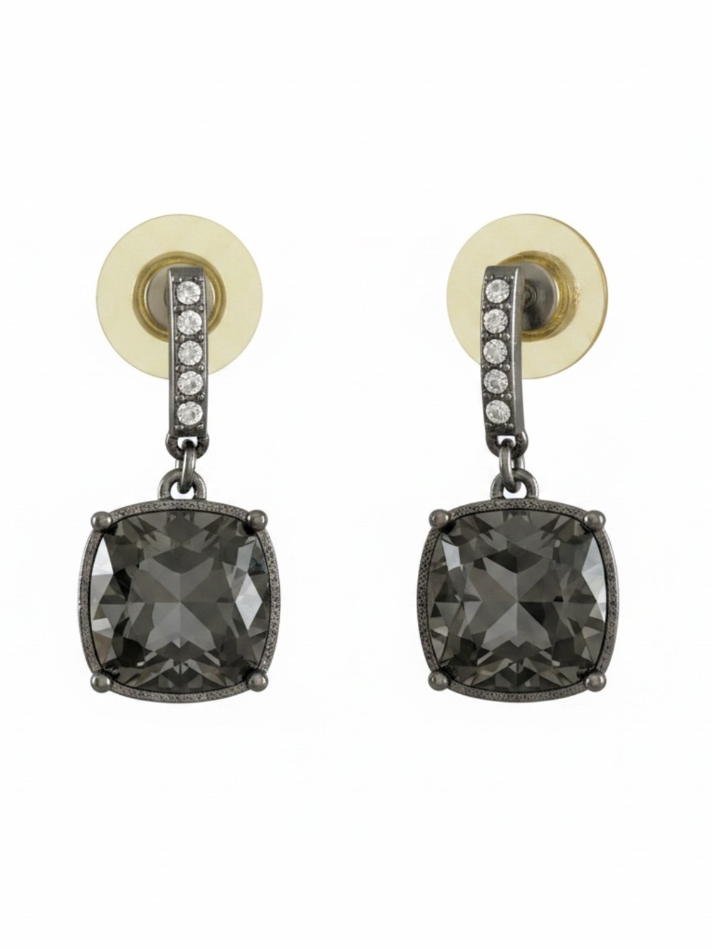 Fashion earrings with faux diamonds with soft, smoky translucence glass stones.